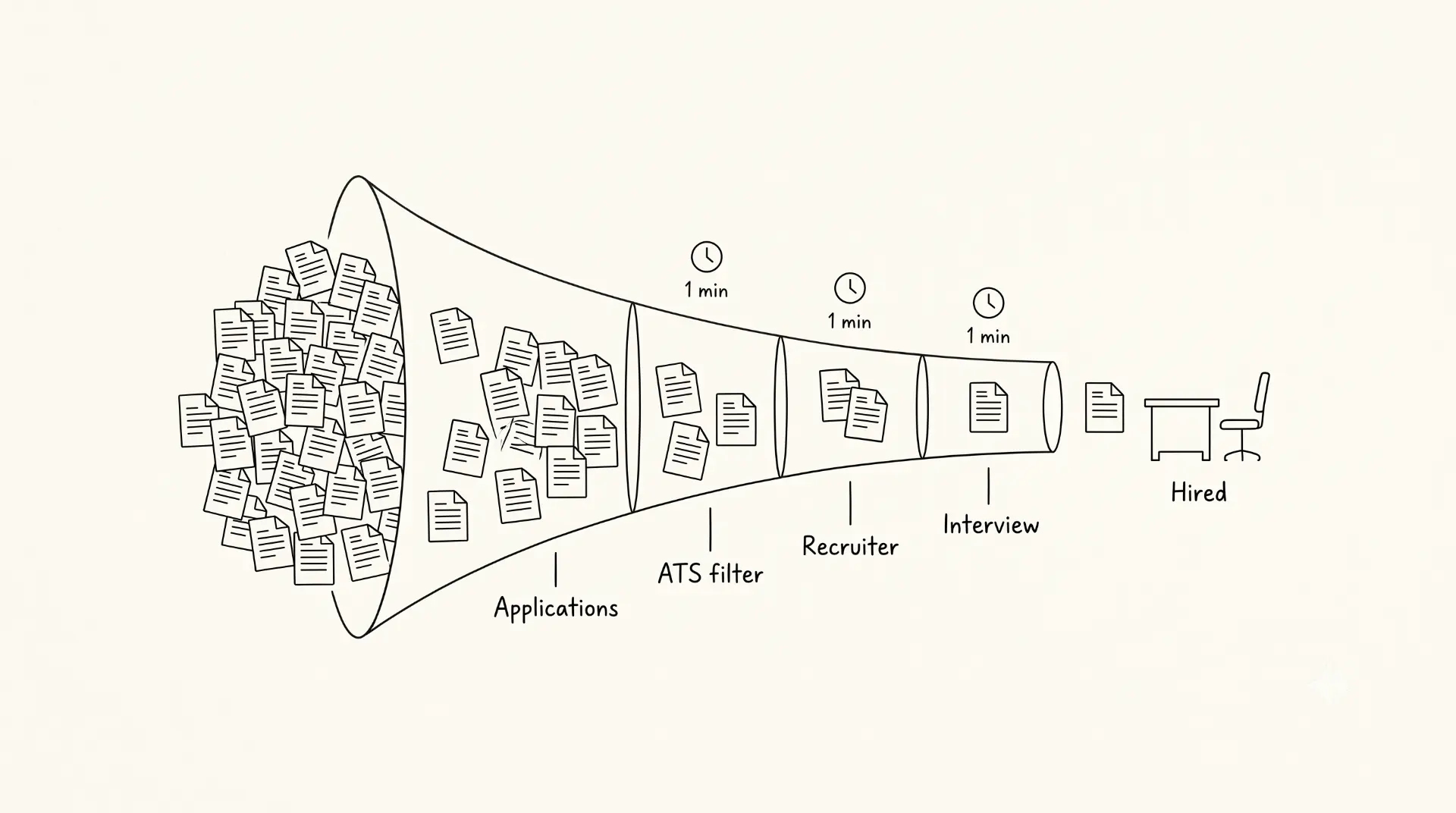Line-art funnel showing resumes narrowing through applications, ATS filter, recruiter and interview stages to one hired candidate