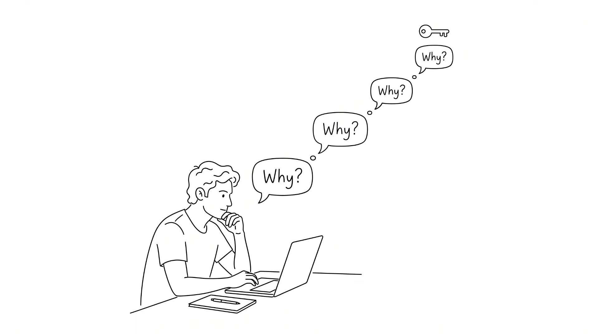 Illustration: a student at a laptop asking a chain of 'Why?' questions leading up to a key