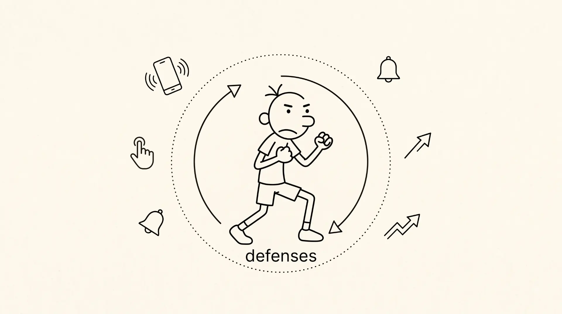 Illustration: a person surrounded by a ring of defenses holding off notifications, alerts and distractions