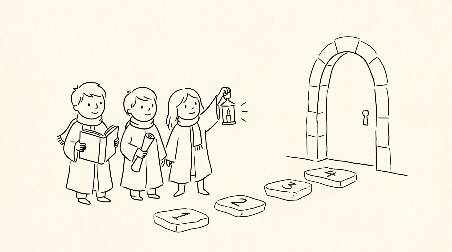 Illustration: three students with books and a lantern stand before four stepping stones numbered 1 to 4 leading to a large arched door
