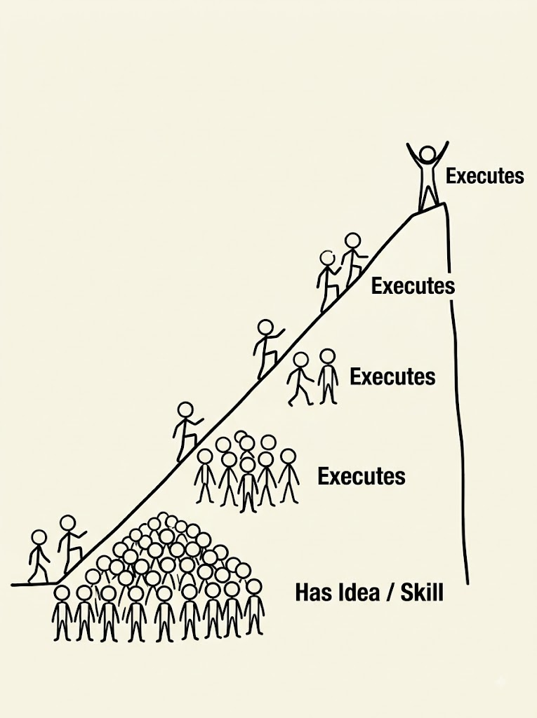 Illustration: a crowd has the idea or skill, and progressively fewer people execute, with one person reaching the top